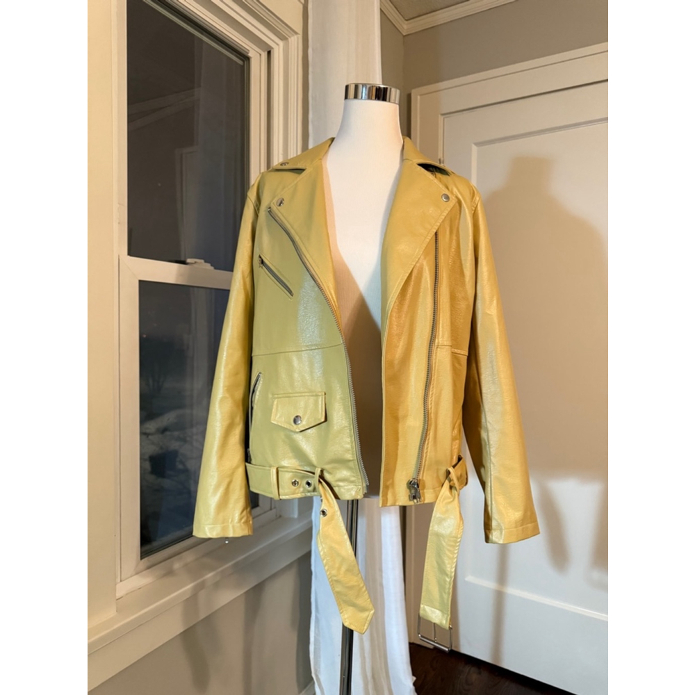 Faux Leather Moto Jacket, size Large, creamy mustard yellow, silver hardware